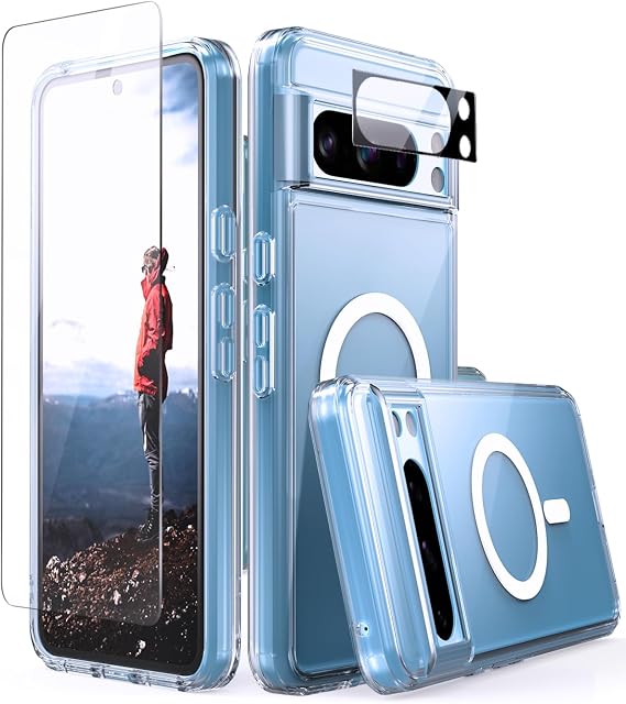 CaseBorne Compatible with Google Pixel 8 Pro Case - [5-in-1] Ultra Clear Hybrid [Anti-Yellowing], Magnetic Compatible, with Screen Protector and Cameras Shield - Crystal Clear