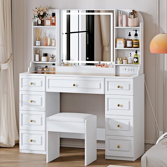Arulvmrn 43" Makeup Vanity Desk with Mirror and Lights, Power Outl, SZT-125