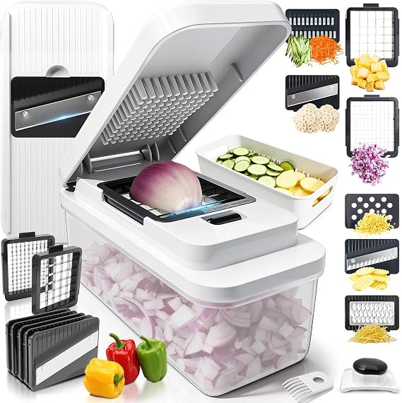14-In-1 Chopper Vegetable Cutter with 7 Blades, Vegetable Chopper with Container and Lid, Mandoline Slicer for Kitchen, Veggie Slicer for Salad, Cheese Grater, Kitchen Gadgets Accessories Essentials