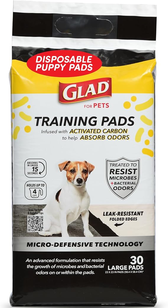 Glad for Pets Activated Carbon Training Pads, Anti-Microbial, 30 Count | 6-layer, leak-proof pads with odor control technology, 23 x 23 in coverage for indoor potty training