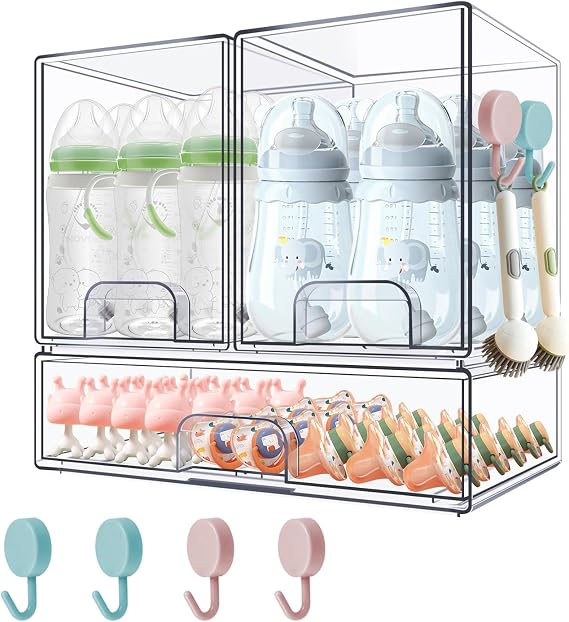 Baby Bottle Organizer with Hooks - 3 Pack Stackable Storage Drawer