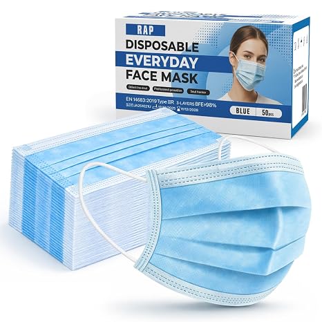 50 Disposable Face Masks Single Box 3-Layer Breathable Soft Ear Loops