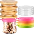 Mumufy 12 Pcs Yogurt Jar Lids Clear Plastic Yogurt Lids Silicone Jar Lids Bamboo Wood Yogurt Container Lids with Silicone Sealing Rings Reusable Replacement Covers Compatible with Oui Yogurt Jars