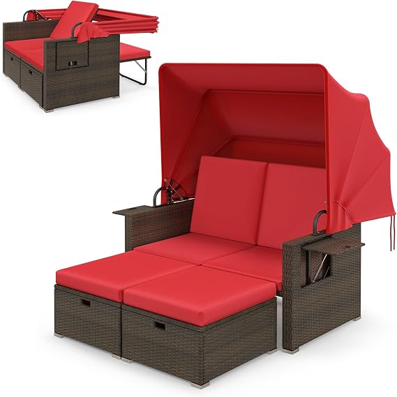 RELAX4LIFE Wicker Outdoor Daybed with Canopy - Rattan Loveseat Sofa Set w/Storage Ottomans, Adjustable Back, Retractable Trays, Sunbed Double Chaise Lounge for Backyard, 2-Seater Patio Daybed (Red)