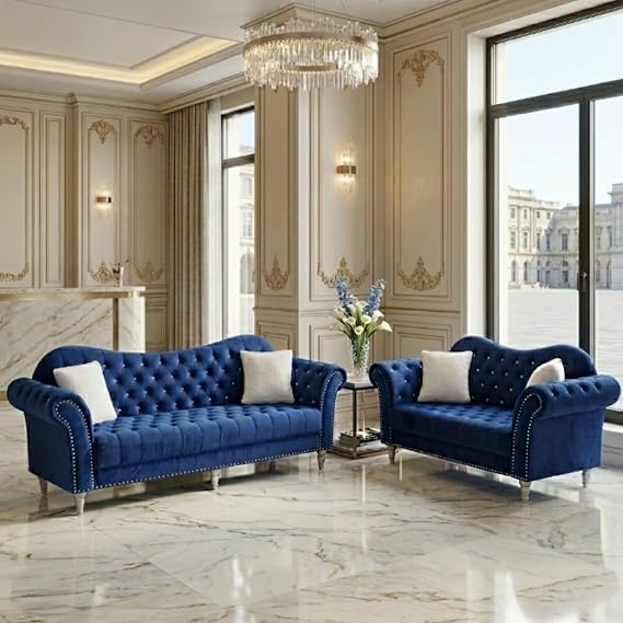 Hybition Modern 2-Piece Sofa Set 3-Seater & Loveseat Living Room Furniture Grey Blue