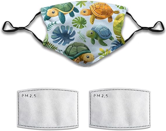 Cute Turtle Leaf Pattern Face Mask Adult Washable Reusable Pleated Dust Mask 5-Layer Protection Carbon Filter Fashion Adjustable Anti Dust Cloth Mouth Masks with 2 Filters for Women Men, 1 Pcs M