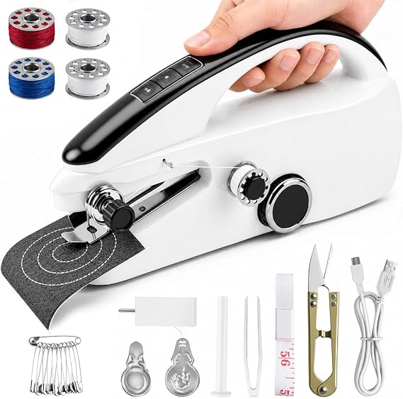 Handheld Sewing Machine, Mini Hand Sewing Machine for Beginners, Electric Portable Sewing Machine with Sewing Kit, Easy to Use, Ideal for Home, Travel, DIY Crafts, Quick Home Clothing Repair