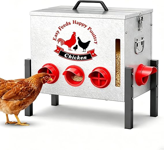 55LB Automatic Chicken Feeder with 8 Feeding Ports, Window, Locking Lid, Height Adjustable, Rat-Proof, Poultry Feed Storage Container for Chickens Ducks Geese, Chicken Coop Accessories