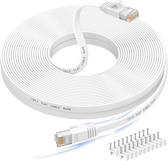 Ethernet Cable 20M, Cat6/Cat 6e Long Internet Cable,Flat Network Patch Cord | High Speed Lan Cable with Clips/Snagless RJ45 Connector for Router, Modem, Laptop, Switch, TV, faster than Cat 5e/Cat 5-White