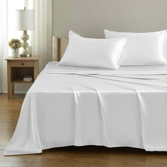 100% Mulberry Silk 19 Momme 4-Piece Bed Sheet Set, 16" Pocket - White/King | Grade 6A pure silk, temperature-regulating cooling for hot sleepers, reduce hair frizz, breakage & sleep lines, OEKO-TEX Cert