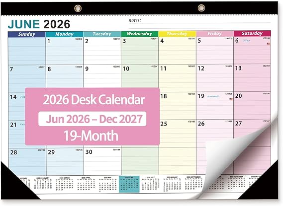 Desk Calendar 2026-2027 - Ougesi 19 Month Desk Top Calendar, 17x12'' | June 2026 - Dec 2027, Academic Desk Calendar with Thick Paper, Large Blocks for Home & Office (Colorful)