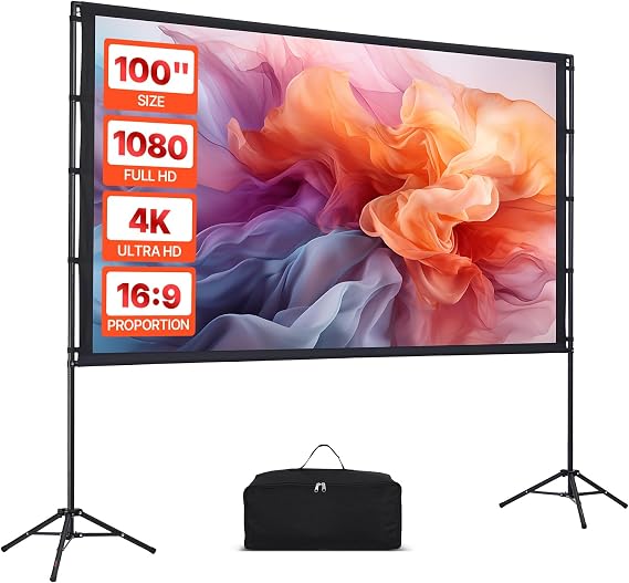 Projection Screen with Stand, VEVOR 100" 160° Wide Angle Indoor Outdoor Projection Screen 16:9 4K HD Wrinkle-free Portable Dual Tripod Screen with Carry Bag for Movie Home Theater Presentation