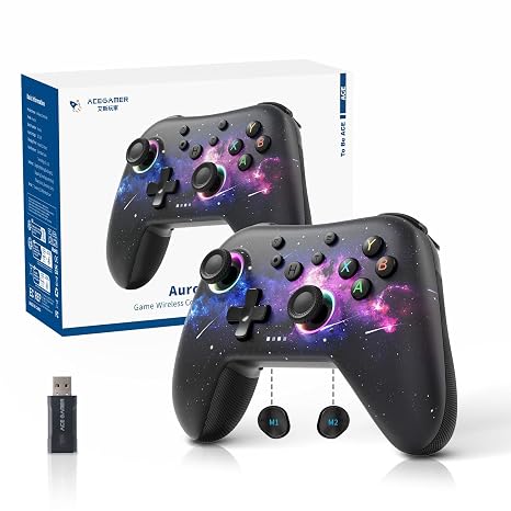 AceGamer Aurora II 2.4G Wireless Bluetooth Controller for PC/Android/Switch/iOS/Switch 2/Steam Deck with Rotary Motors, RGB Hall Effect Joysticks - Upgraded PC Gaming Controller and Back Buttons Lock (Galaxy)