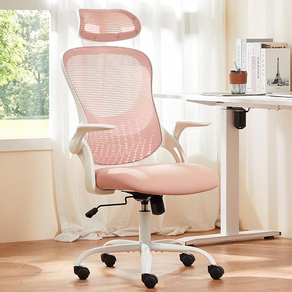 Sweetcrispy Home Office Chair, High Back Office Chair, Lumbar Support, Pink