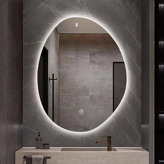 Modern Asymmetrical Bathroom Mirror,Oval Irregular LED Lighted Mirror,Backlit Vanity Mirrors, Smart Wall Mirror, 3 Color Dimmable Anti-fog(Size:70x90cm,Color:single-touch)