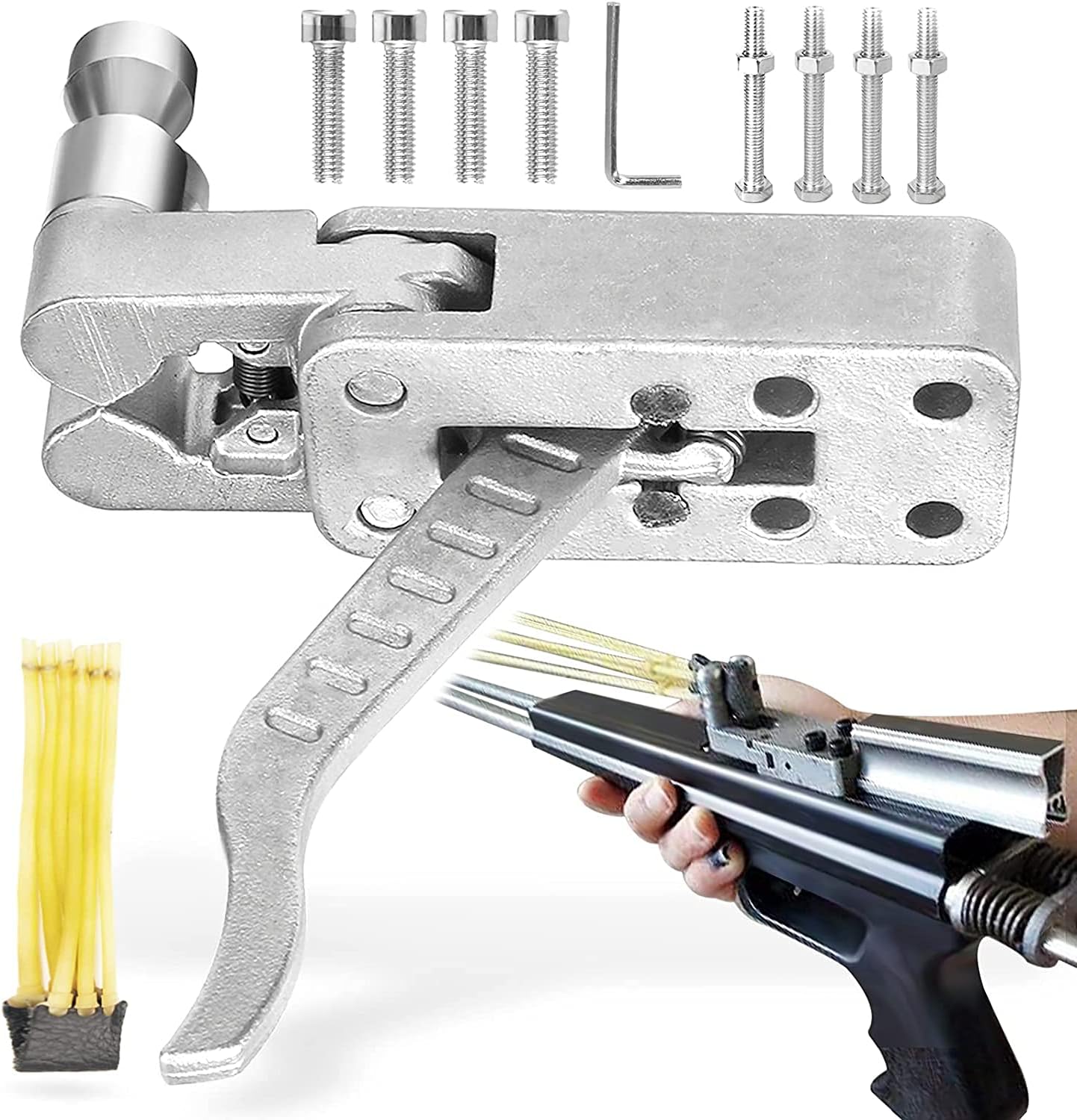 Stainless steel slingshot release device,bullet launch automatically, slingshot trigger, 8 screws and 1 rubber band leather packaging, suitable for DIY slingshot rifle trigger  hunting slingshot