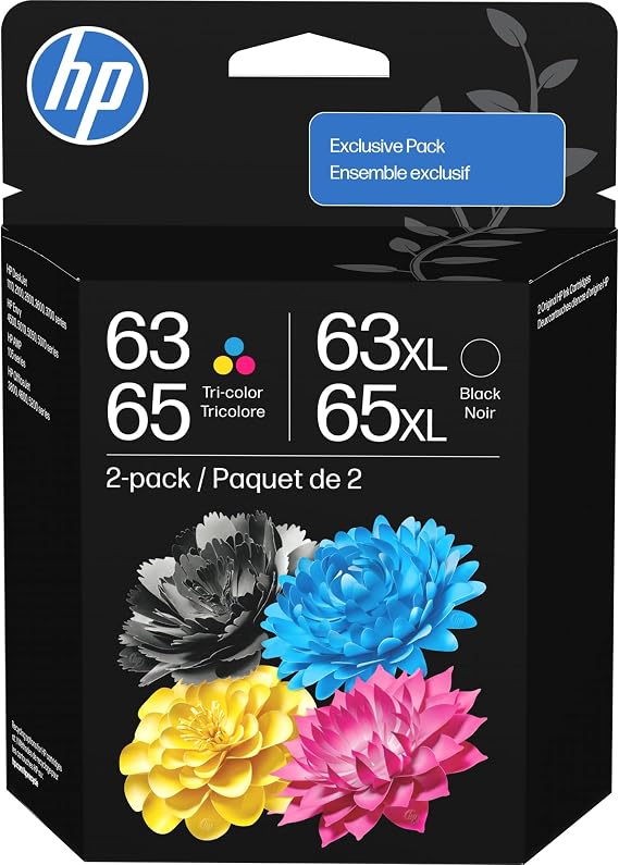 HP Original 63/65XL Black HighYield + 63/65 Tri-Color| Works DeskJet 1110, 2100, 2600, 3600, 3700, Envy 4500, 5010, 5050, 5070, OfficeJet 3800, 4600, 5200 Series (B87FDAN)