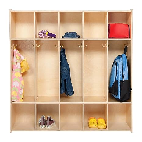 Contender 5 Section Coat Locker with Double Hook Section and Cubbies Storage Shelves, Wooden Montessori Storage for Preschool, Classroom, Daycares, Home [Fully Assembled]