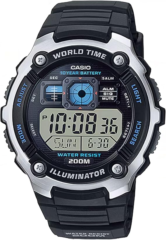 Casio Men's AE-2000W-1AV Digital Sport Watch, 200M Water Resistant, 10-Year CR2025 Battery, World Time, Mineral Glass, Stainless Steel & Resin Case, 1/100-Second Stopwatch, 5 Alarms, LED Light