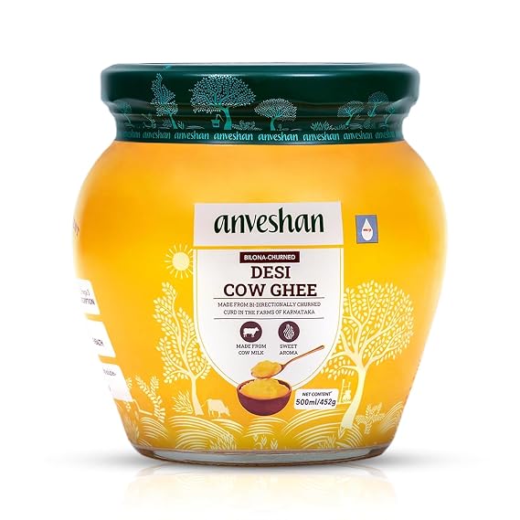 Anveshan A2 Cow Ghee 500ML | Desi Ghee in Glass Jar | Bilona Method | Grass-Fed | Curd-Churned | Cultured | Pure, Natural, Healthy | Keto-Friendly | Lab Tested
