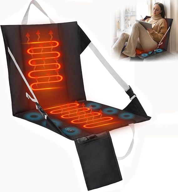 Heated Stadium Seat Cushion Pad Cordless Rechargeable 149F USB Battery Heated Bleacher Cushion Portable Heating Pad with Backrest Heating for Outdoor Camping, Fishing - 3 Heat Settings (NO Power Bank)