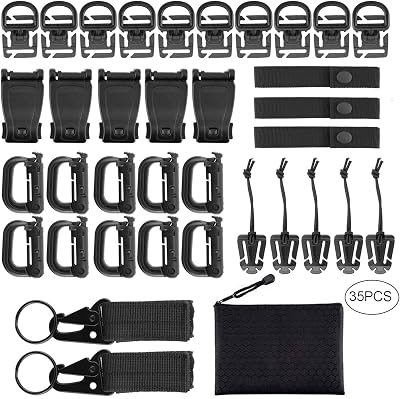 35pcs Tactical Molle Attachments for Molle Backpack,Molle Webbing Key Ring&Strap,360 Rotation D-Ring Clip, Web Dominator Elastic String&Buckle,Tactical D-Ring Hook,with Zippered Pouch