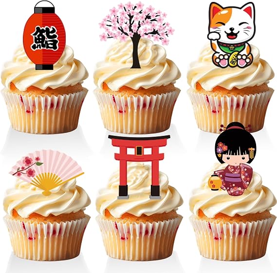 18 PCS Japanese Cupcake Toppers for Boys Girls Adult Kokeshi Folding Fan Cherry Blossom Cake Topper Sushi Japanese Birthday Party Decorations Supplies