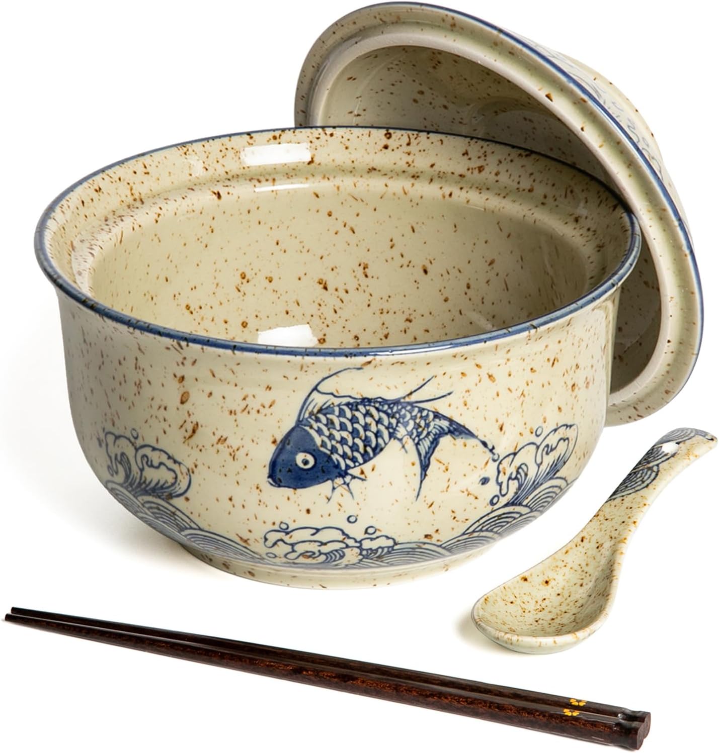 Ceramic Ramen Bowl, Japanese Style Retro Ramen Bowls Set 800ml Noodle Bowl with Chopsticks and Spoons, Asian Soup Bowls with Lid for Microwave & Dishwasher Safe, Japan Fish