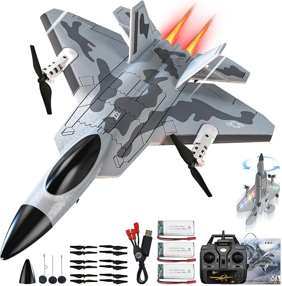 CKYSCHN F22 Raptor RC Plane 4 Channel New Version, Vertical Takeoff Remote Control Airplane with 6-axis Gyro & Lights, 3D Aerobatic RC Aircraft for Adults | 3 Batteries
