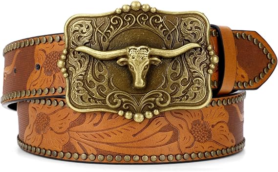 SUOSDEY Women Western Leather Belt, Cowboy Cowgirl Belt for Jeans Pants Longhorn Bull Big Buckle Belt