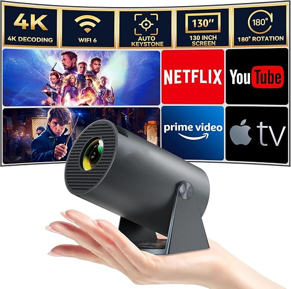 Mini projector, Projector WiFi6 and BT5.2, Portable projector 4K supports Android 11.0, 180° rotatable, Automatic keystone correction, 130-inch display and 50% zoom, Outdoor projector (new upgrade