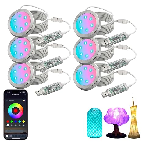 Pack of 6 RGB LED Lamp Kit 001 for Bambu Lab 3D Printing Bluetooth App Control USB LED Round Light DIY Lamp Kit Group Control Music Synchronization 16 Million Colours