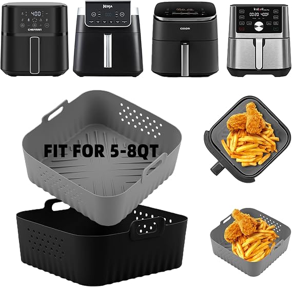 LYHOLKEER Air Fryer Silicone Liners for COSORI Air Fryer 9-in-1 5QT 5.8QT 6QT 6.8QT,2 Pcs Reusable Square Airfryer Liners for Ninja/Instant Pot Vortex Plus/Paris Hilton/Chefman/Cuisinart/Gourmia 6QT