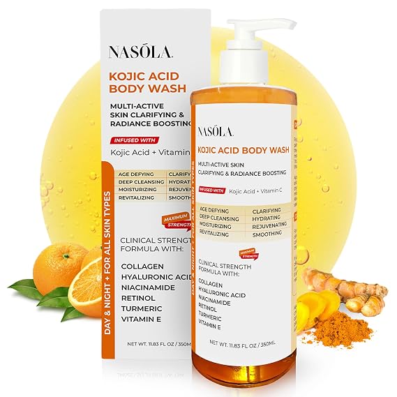Nasola Kojic Acid Body Wash Turmeric & Vitamin C Skin Brightening Shower Gel for Deep Gentle Moisturizer Hydrating Women & Men Body Wash for All Skin Types 11.8 fl oz