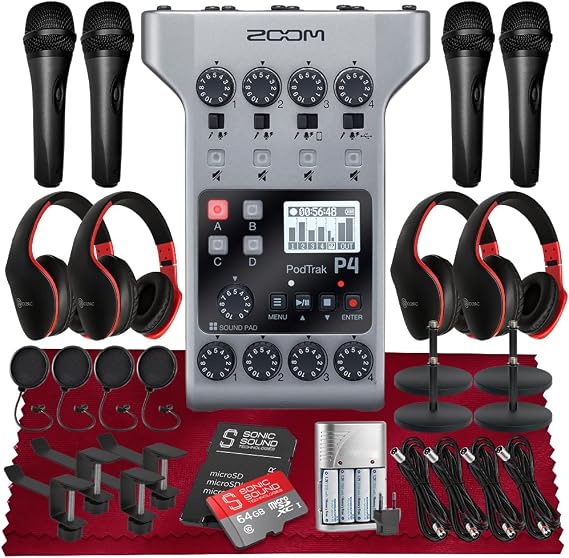 Zoom PodTrak P4 Portable Multitrack Podcast Recorder, Audio Interface w/ 4 Mic Inputs, 4 Headphone Outputs, Platinum Kit with 4X Mic Pop Filters, 4X Headphone w/Mic, 4X Handheld Mic, 64GB SD & More