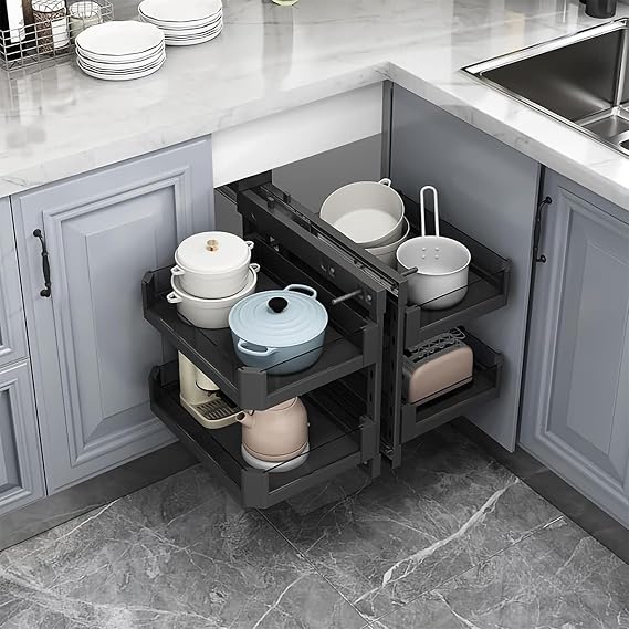 Blind Corner Cabinet Pull Out OrganizerExtendable Pull-Out Shelf with 4 Adjustable BasketsLeft Open and Right Open Storage Rack Kitchen for Corner Cupboards