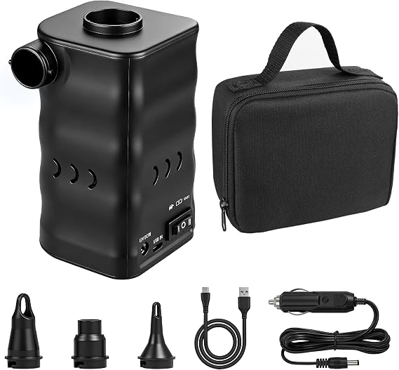 Zacro Portable Electric Air Pump with 6000mAh Battery for Quickly Inflatables and Deflation, Powered by USB/Any Standard 12V Vehicle Outlet, 3 Nozzles for Mattresses, Lounger Sofa, Pool Floats, Airbed