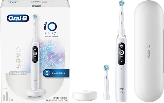 Oral-B Rechargeable Electric Toothbrush, iO7 Adaptable Clean, 5 Cleaning Modes, Visual Pressure Sensor to Protect Gums, Charging Travel Case, 2 Brush Heads, White