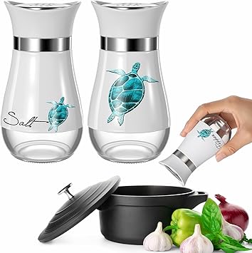 Bokon 2 Pack Sea Turtle Salt and Pepper Shakers Set, Stainless Steel Containers with Glass Bottom for Kitchen Accessories, Home Decorations, Cooking, BBQ, Camp, Beach, Bar, Coastal Theme Gift Idea
