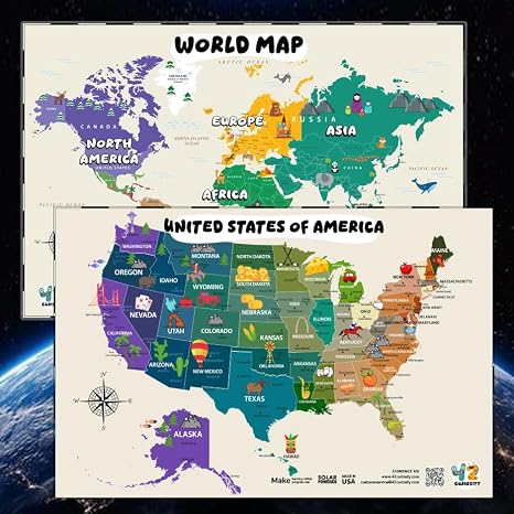 Large 24" x 36" Illustrated World Map & USA Map for Kids Laminated Write-On Wipe-Off Educational Wall Maps for Classroom & Homeschool Made in USA by 42 Curiosity