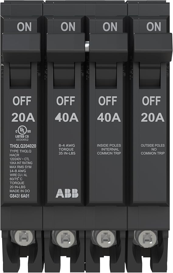 ABB Q-Line THQLQ204020 Quad Circuit Breaker 20A/1P, 40A/2P, 20A/1P Configuration 120/240 VAC 10 kAIC Interrupt Rating Thermal Magnetic Plug-On Breaker for Load Centers