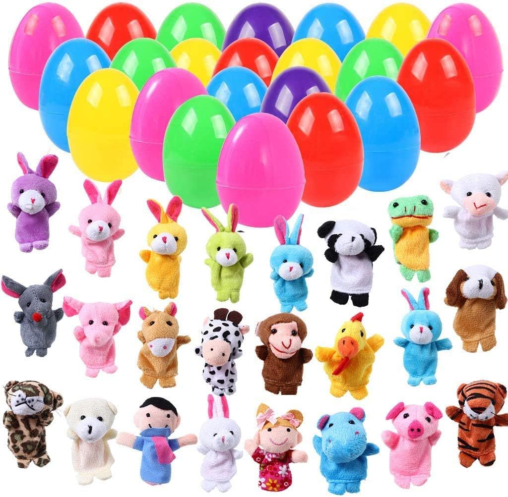 ThinkMax 24pcs Easter Eggs Filled with Finger Puppets for Easter Basket Stuffers, Easter Eggs Hunt, Easter Party Favor, Easter Gift for Kids