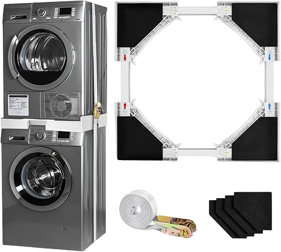 Universal Stacking Kit for Washer and Dryer, Adjustable Stacking Frame Kit Fit for 46-70 cm Washing Machine and Tumble Dryer, Stacking Shelf with Ratchet Ropes and Anti-Vibration Pads for Saving-space [Energy Class A+++]