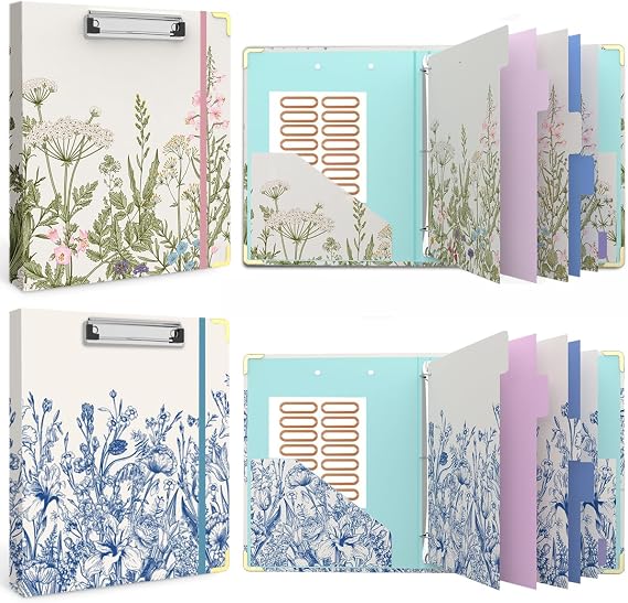 3 Ring Binder 1 Inch, Cute Round Ring Binders with 6 Tab Dividers, Labels Stickers, Low Profile Clipboard with Storage, Fashion Binder School Office Supplies(Garden Flowers+Vintage Blue Florals)