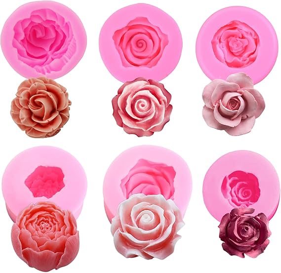 Silicone Molds Set Flower 3D Rose Flower Fondant Silicone Molds for Soap Candle Cake Flower Molds for Chocolate Candy Pastry Dessert 6 Pieces Pink