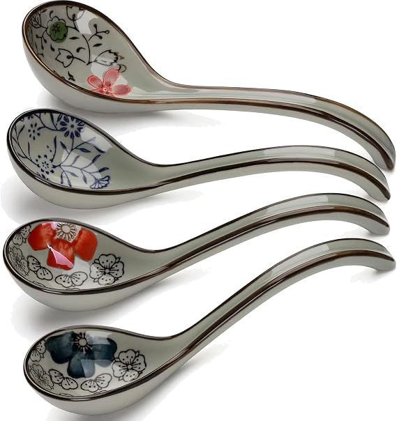 4 PCS Soup Spoons, Ceramic Spoons Japanese Spoon, Asian Soup Spoon,Ramen Spoons Porcelain Chinese Soup Spoons for Ramen Pho Cereal Wonton Dumpling Miso-Set of 4