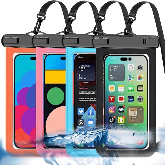 Waterproof Phone Pouch,4 Pack Multicolor Phone Waterproof Case Dry Bag,Protection Level: IP68,Beach Cruise for Apple iPhone,Samsung,and More,Lanyard Included,(Fits Up to 8.3),Black,Blue,Pink,Orange