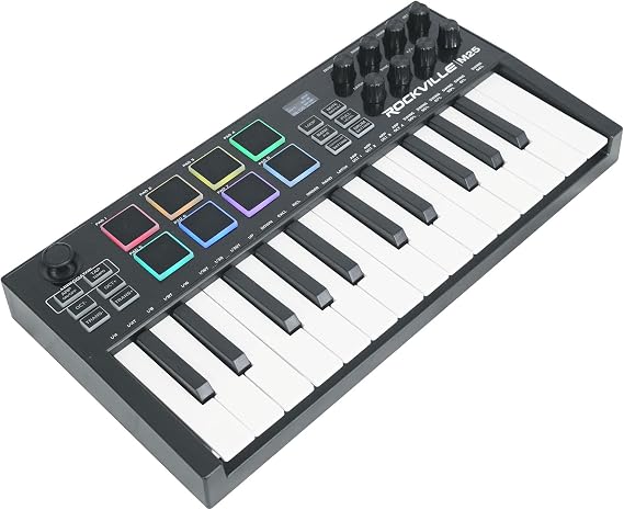 Rockville M25 Black 25 Key USB Wireless Bluetooth MIDI Keyboard Controller | 8 RGB Drum Pads, 8 Rotary Knobs, Arpeggiator, Joystick, OLED Display, 7-8 Hour Battery, USB-C, Sustain Pedal Input