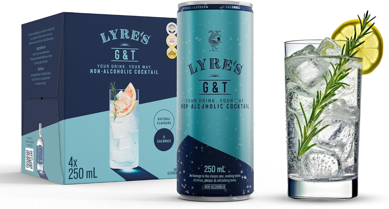 Lyre's Non-Alcoholic G&T 4-Pack, Ready-to-Drink Alcohol-Free G&T, Low-Calorie Premixed Mocktail, Serve in a Gin Glass with Ice 250ml x 4