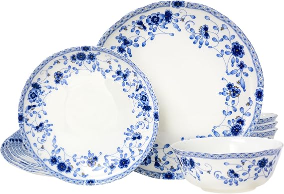 Fine Bone China Dinnerware Set, 12-Piece Blue and White Porcelain Dinnerware Set, Plates and Bowls Sets, Service for 4(Blue A)